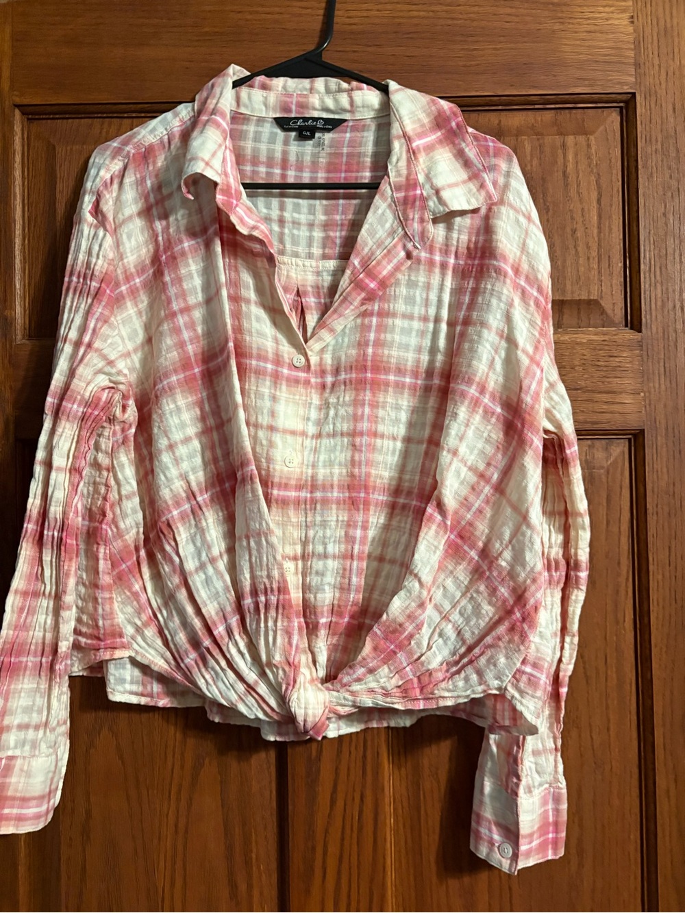 Charlie B Pink Plaid Tie-Front Button Down Shirt